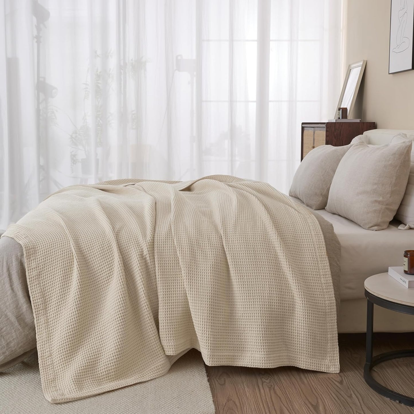 Throw Size Waffle Blanket – Natural Beige | 100% Cotton | 50 x 60 Inches