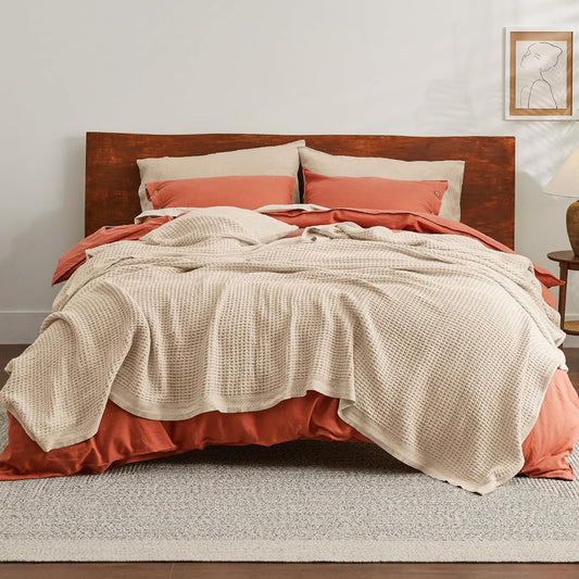 Throw Size Waffle Blanket – Natural Beige | 100% Cotton | 50 x 60 Inches